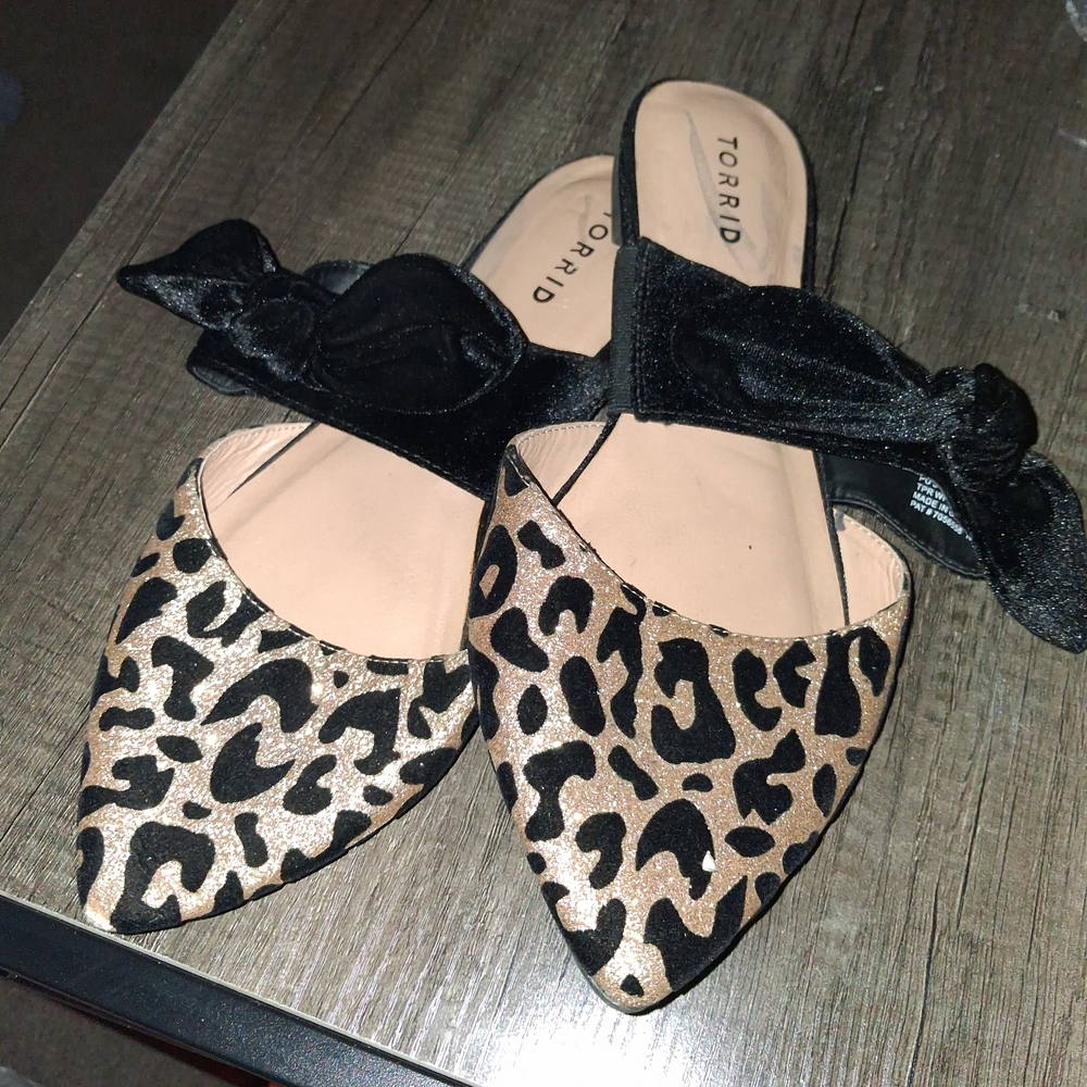 torrid Leopard Print Pointed Mules with Black Bow Accent